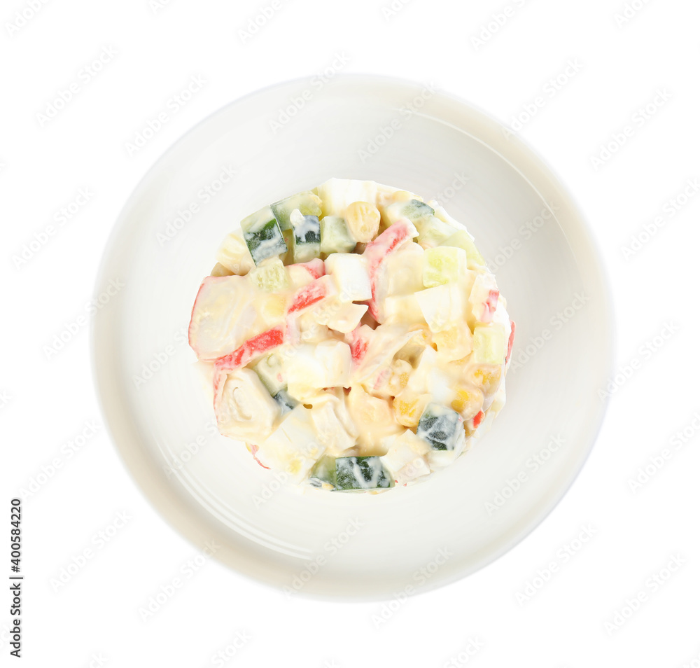Delicious salad with fresh crab sticks on white background, top view Delicious salad with fresh crab sticks on white background, top view