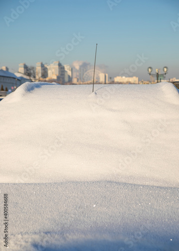 Parked car covered with snow. Transportation, winter, weather, vehicle concept.