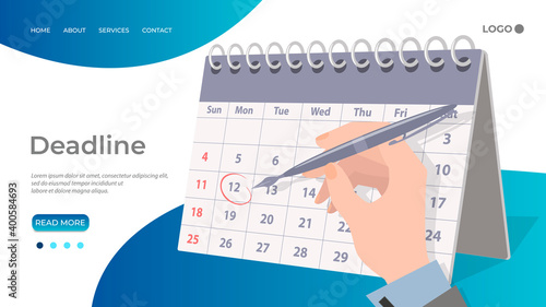 The hand of a businessman making notes in the calendar.Deadline and task scheduling.Calculation of the remaining days.Flat vector illustration.The template of the landing page.