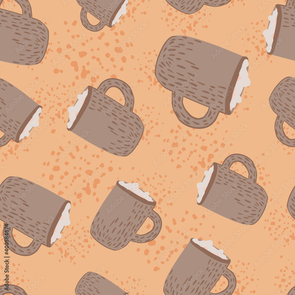 Random seamless cartoon pattern with flat hot chocolate with marshmallow silhouettes. Beige background with splashes.
