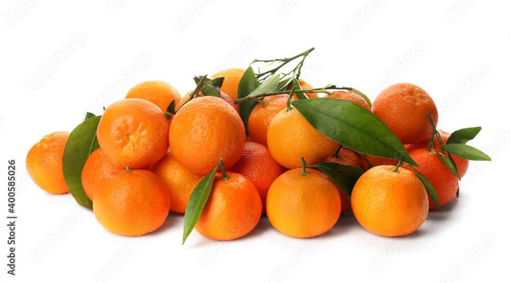 Fresh ripe tangerines with green leaves on white background Fresh ripe tangerines with green leaves on white background