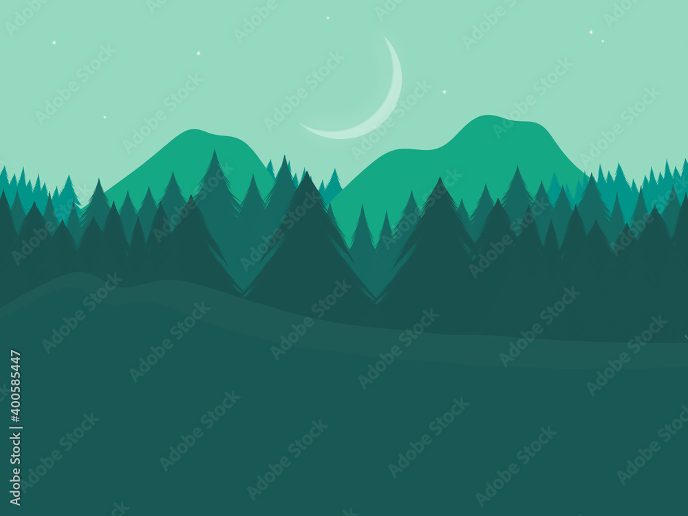 The landscape in night scene on the green tone. The Crescent moon and the pines.