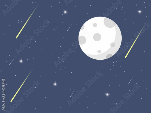 The white moon on the sky with the stars and comets.