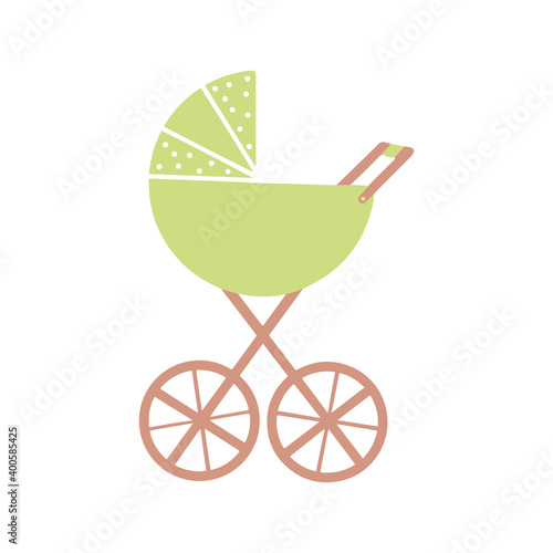 Hand drawn green baby carriage isolated on a white background. Illustration in a simple flat style. It can be used for decoration of textile, paper and other surfaces.