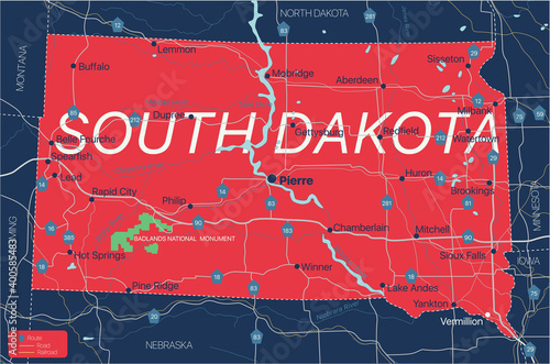 South Dacota state detailed editable map with cities and towns, geographic sites, roads, railways, interstates and U.S. highways. Vector EPS-10 file, trending color scheme photo