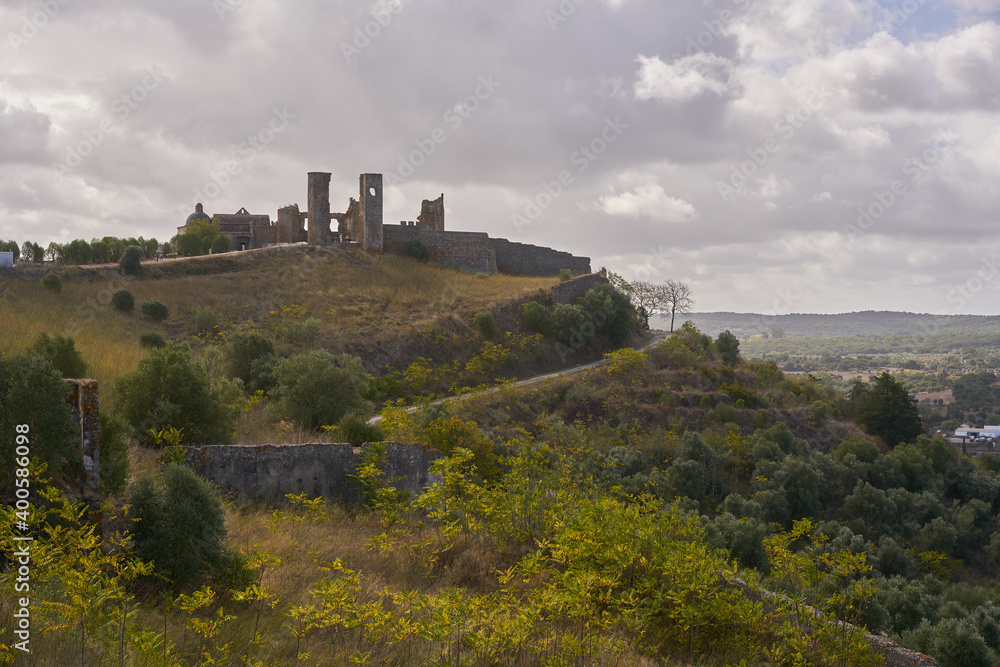 Historic city castle of Montemor o Novo in ruins in Alentejo, Portugal                             