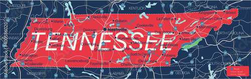 Tennesy state detailed editable map with cities and towns, geographic sites, roads, railways, interstates and U.S. highways. Vector EPS-10 file, trending color scheme