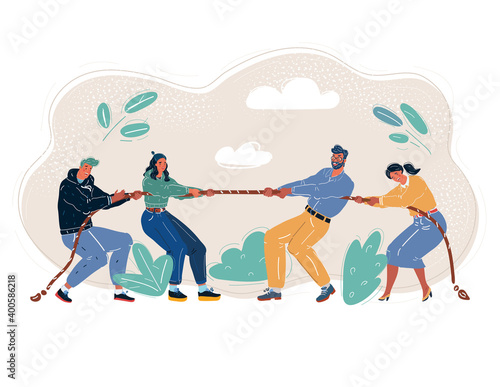 Vector illustration of tug-of-war people. Battle of the generations. Business competition concept.