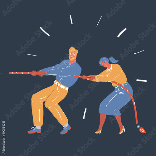 Vector illustration of Tug-of-war team people. One side view on dark backround.