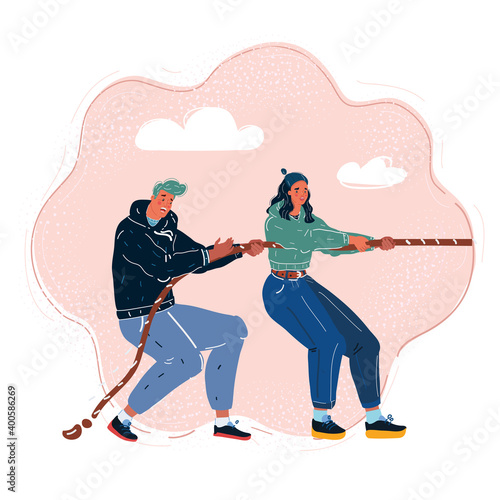 Vector illustration of Tug-of-war team people. One side view on dark backround.