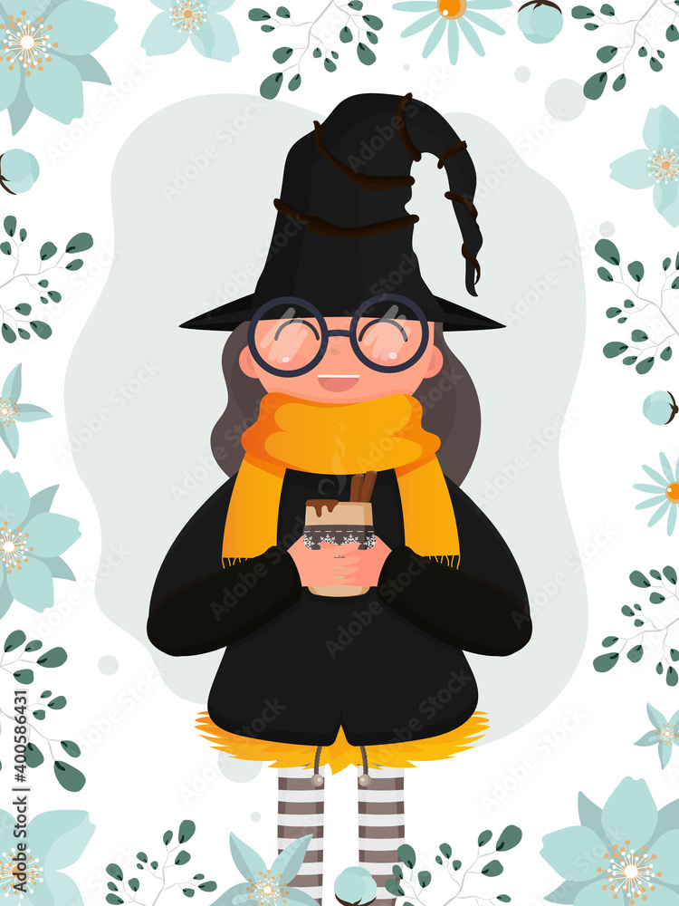 Naklejka premium Girl in black suit and hat holding a cup with hot drink. Cute witch with mulled wine. Halloween concept. Vector.