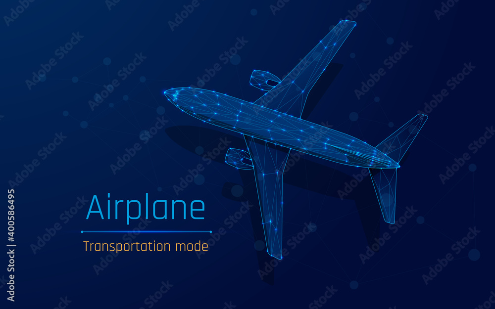 Polygonal commercial airliner. Flying passenger or cargo plane. Travel or air freight concept. wireframe. vector illustration.
Low poly air transport model. dark-Blue background. plexus, triangle, dot - obrazy, fototapety, plakaty 
