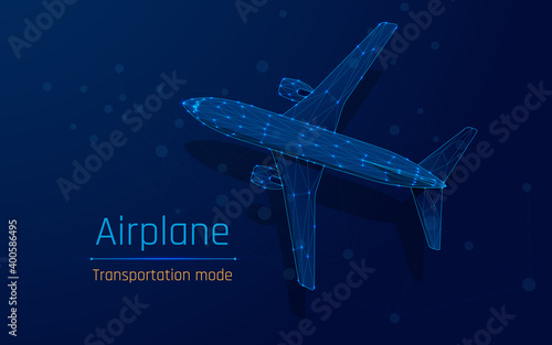 Polygonal commercial airliner. Flying passenger or cargo plane. Travel or air freight concept. wireframe. vector illustration.
Low poly air transport model. dark-Blue background. plexus, triangle, dot