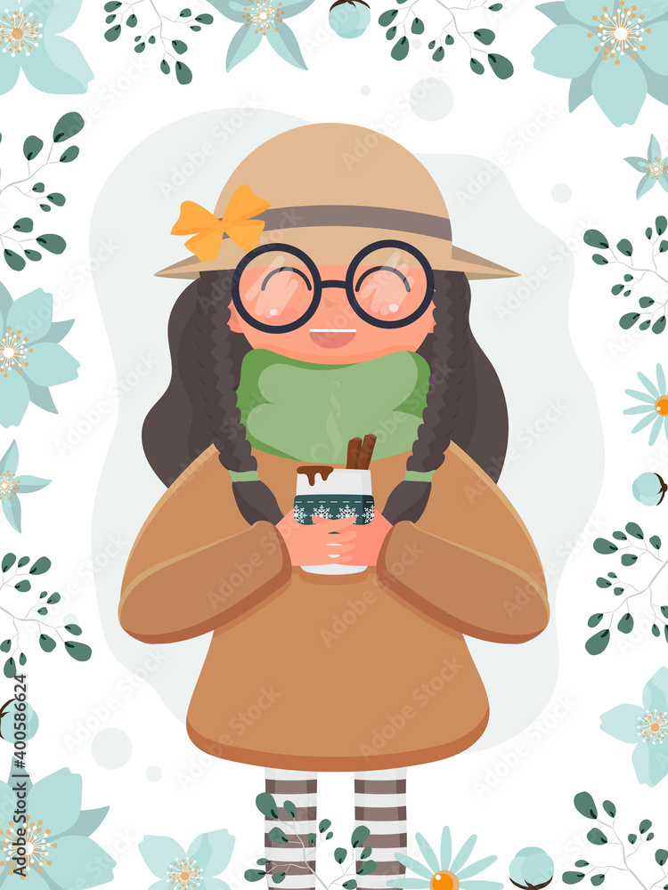 A cute girl in a hat and glasses holds a cup with a hot drink. Suitable for the design of postcards and books. Vector illustration.