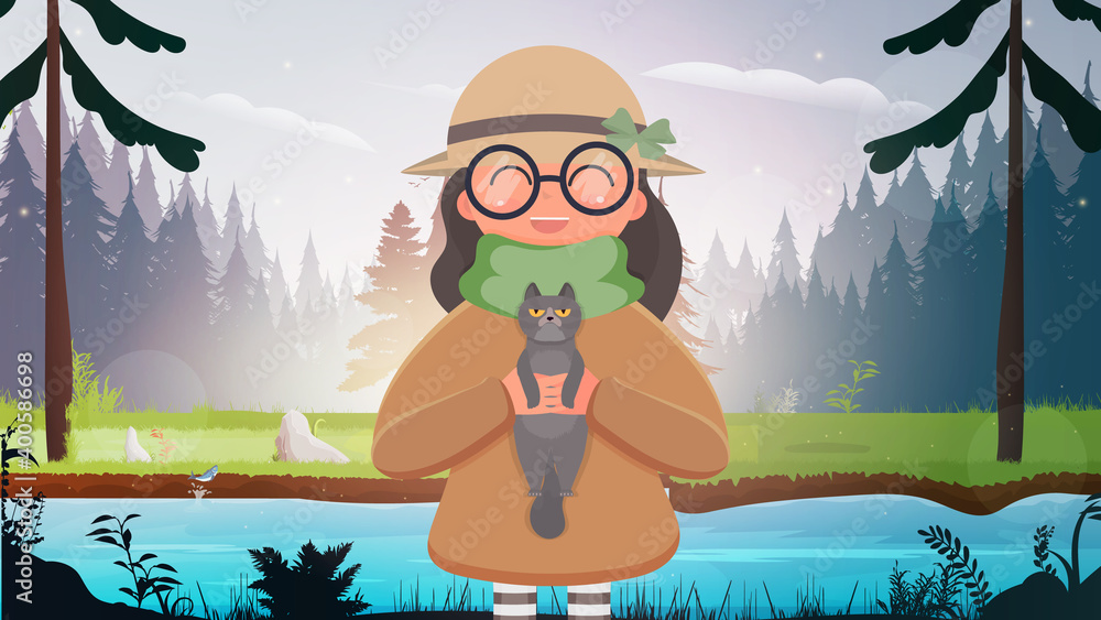 Naklejka premium A cute girl in a hat and glasses stands in the forest and holds a small cat in her arms. Vector illustration.