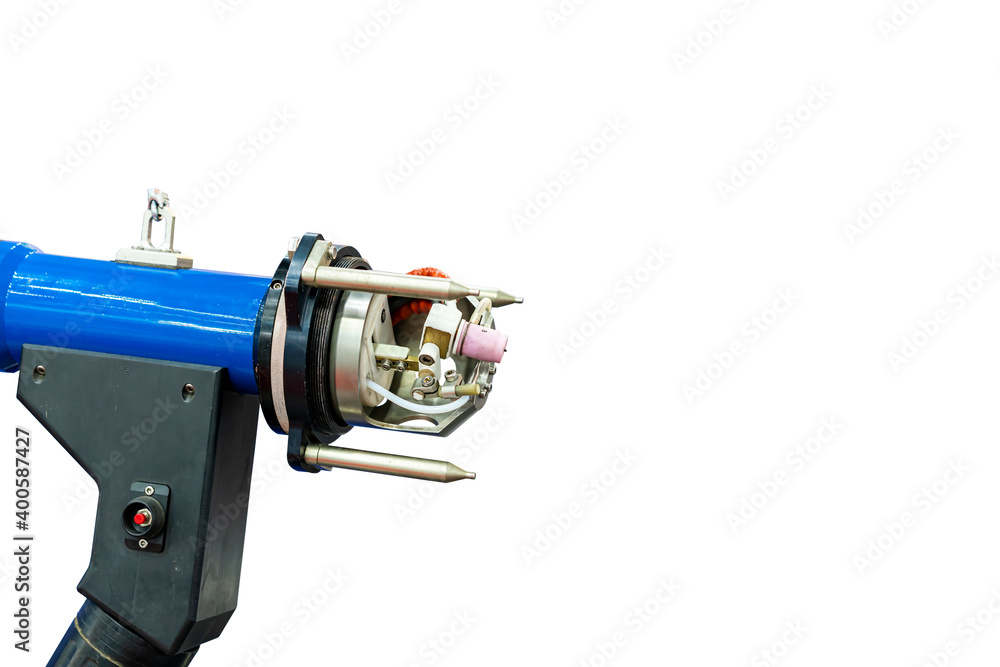 Close up modern and accuracy automatic metal pipe or tube orbital welding head machine for manufacturing process in industrial isolated on white with clipping path Close up modern and accuracy automatic metal pipe or tube orbital welding head machine for manufacturing process in industrial isolated on white with clipping path
