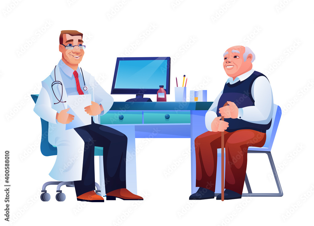 Doctor consult old man, therapist and patient sitting at chairs near table. Vector isolated pensioner and general practitioner, therapist with stethoscope on neck. Coronavirus illness treatment Doctor consult old man, therapist and patient sitting at chairs near table. Vector isolated pensioner and general practitioner, therapist with stethoscope on neck. Coronavirus illness treatment