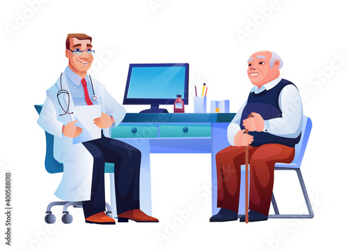 Doctor consult old man, therapist and patient sitting at chairs near table. Vector isolated pensioner and general practitioner, therapist with stethoscope on neck. Coronavirus illness treatment