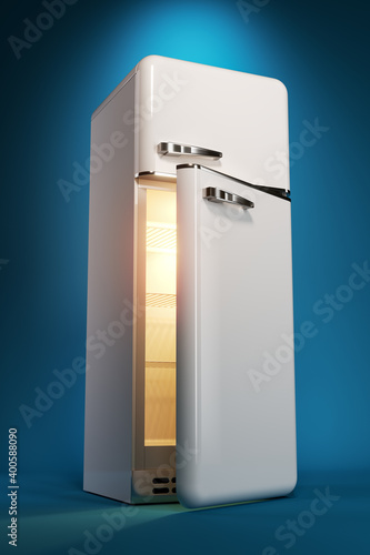 White classic fridge with open door and empty inside. 3d