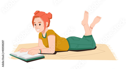 Teenage girl lying on floor reading book isolated flat cartoon character. Vector redhead schoolgirl with textbook doing homework, relaxing with interesting novel. Female person with literature
