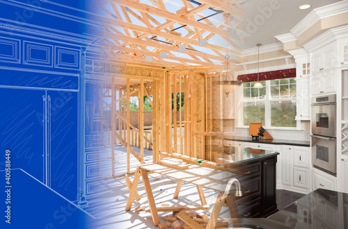 Photography Kitchen Blueprint Drawing Gradating Into House Construction Framing Then Into Fi