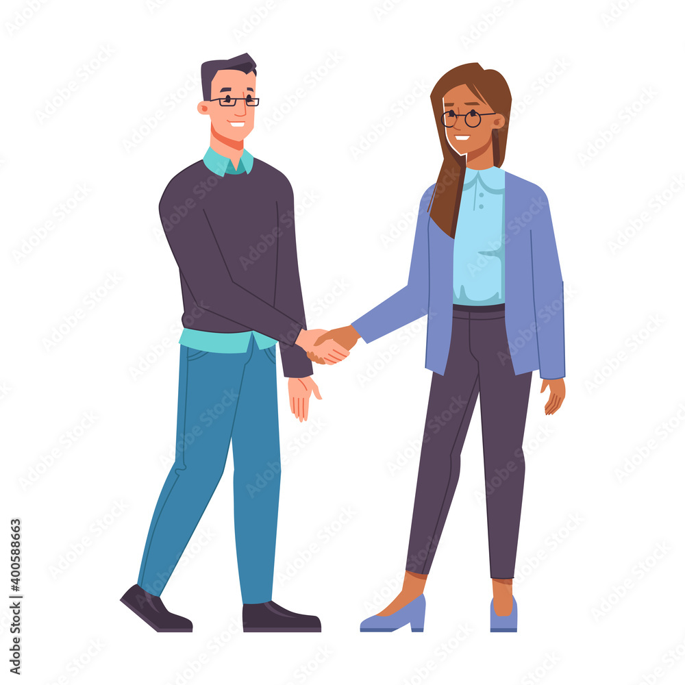 Man and woman belonging to different races shaking hands. Isolated male and female characters, business partners, investors or friends. Handshake of colleagues or employees. Vector in flat style