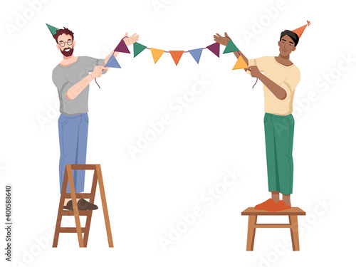 Guys hang holiday flags on rope, preparations to birthday party, caucasian and afro american guys on chairs in cone caps isolated. Vector people organizing celebration banquet, anniversary greetings