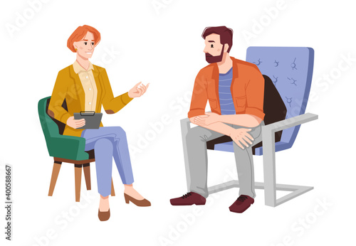 Psychologist gives advice to man patient in armchair isolated flat cartoon people. Vector female psychiatrist on psychotherapy session with bearded guy. Conversation on mental problems with couch