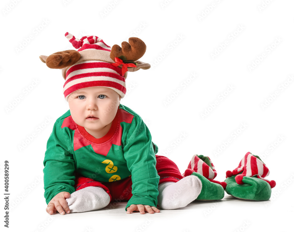 Cute little baby in elf's costume on white background Cute little baby in elf's costume on white background