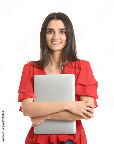 Young woman with laptop on ...