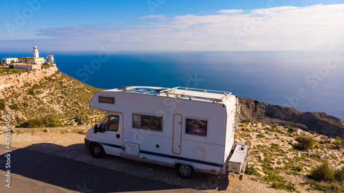 Camper at Mesa Roldan lighthouse, Spain