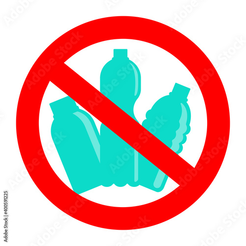 Prohibition or ban sign with disposable blue plastic bottles. Plastic Free concept, stop using plastic vector illustration	