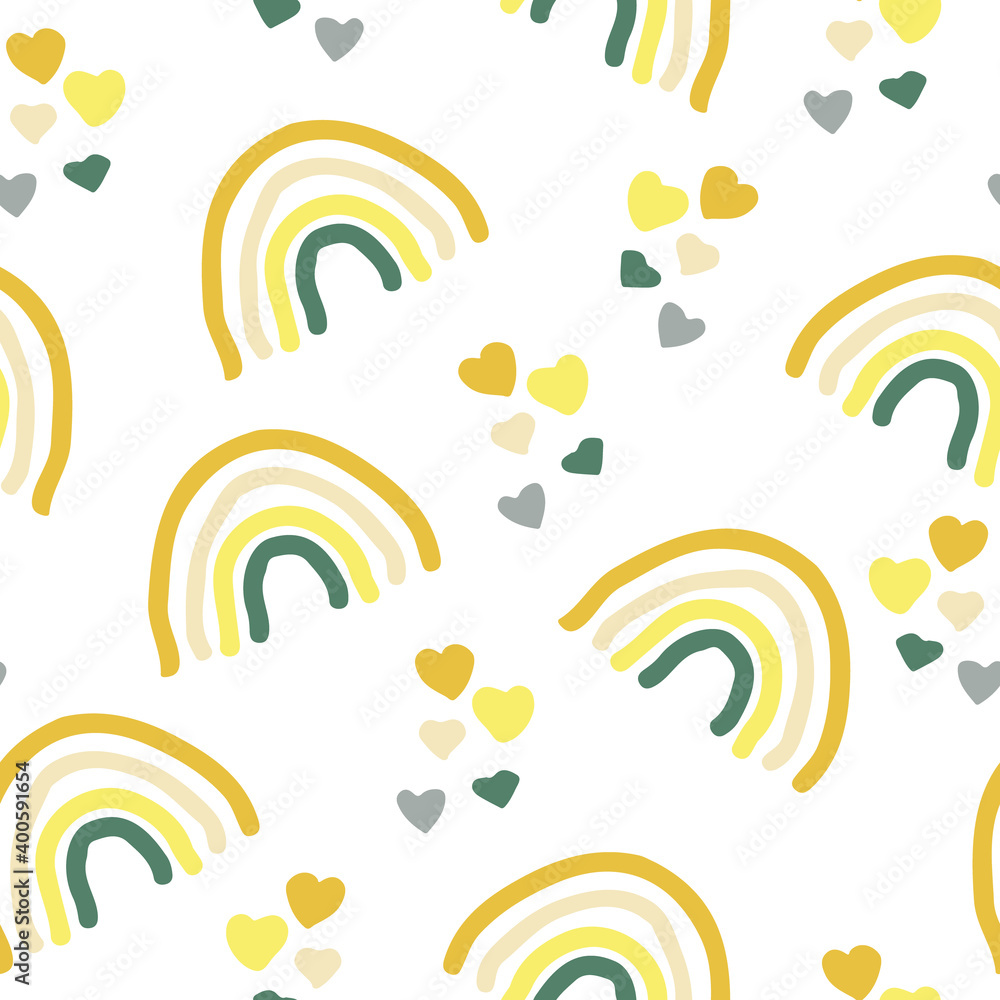 cute boho rainbow and hearts doodle seamless pattern in trending color 2021. vector hand drawn minimalism simple. wallpaper, textiles, wrapping paper, decor. gray, gold, yellow, green. baby. cute boho rainbow and hearts doodle seamless pattern in trending color 2021. vector hand drawn minimalism simple. wallpaper, textiles, wrapping paper, decor. gray, gold, yellow, green. baby.