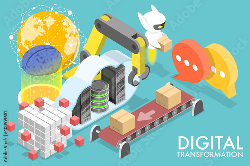 3D Isometric Flat Vector Conceptual Illustration of Digital Transformation, Replacing Non-digital or Manual Processes with Digital Processes.