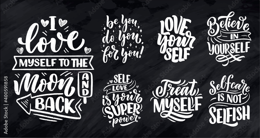 Fototapeta premium Set with selfcare lettering quotes for blog or sale. Time to something nice. Beauty, body care, premium cosmetics, delicious, ego. Modern calligraphy. Vector design prints
