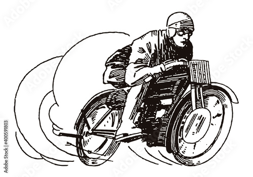 Classic racing motorcycle rider at high speed, after an illustration from the early 20th century