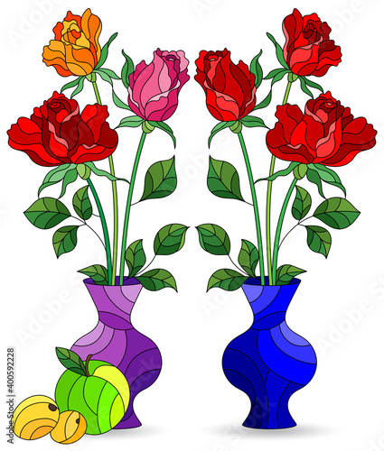 Set of illustrations in stained glass style with bouquets of peony flowers in vases and fruits, isolated on a white background