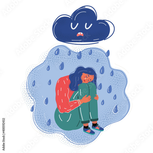 Vector illustration of Sad and upset woman, standing alone in desperated emotion with cloud and rain. Lonely, depressed, failed, lost job, or broken heart charater.