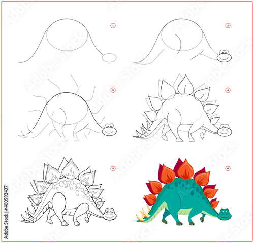 How to draw cute toy stegosaurus. Educational page for children. Creation step by step prehistoric animal illustration. Printable worksheet for kids school exercise book. Online education.