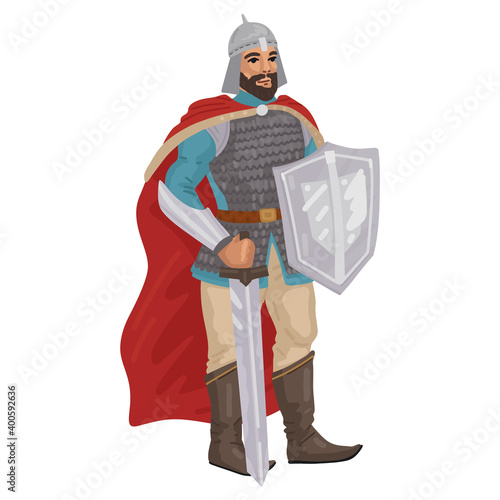 Warrior, knight with sword, medieval military character. Vector character isolated on white background. Flat style cartoon.