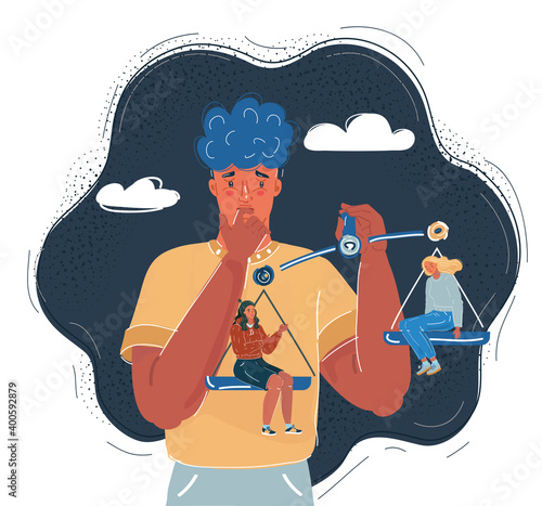 Vector illustration of young man choosing girls