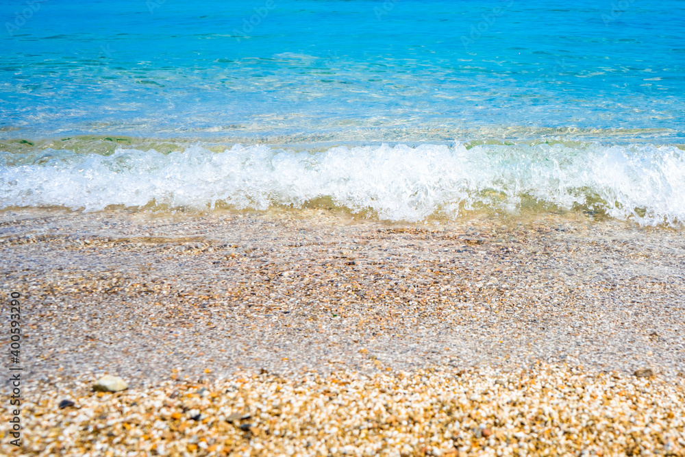 Beautiful summer seascape with clear azure water and sandy beach in sunny day. French riviera.