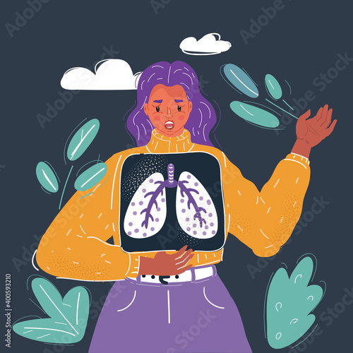 Vector illustration of shot of woman holding x-ray of lungs over chest on dark backround.