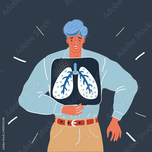 Vector illustration of shot of man holding x-ray of lungs over chest on dark backround.