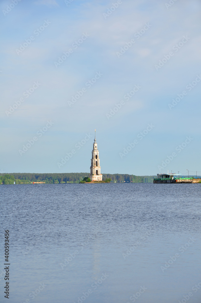Uglich reservoir and the bell tower of the flooded St. Nicholas Cathedral. Kalyazin, Russia