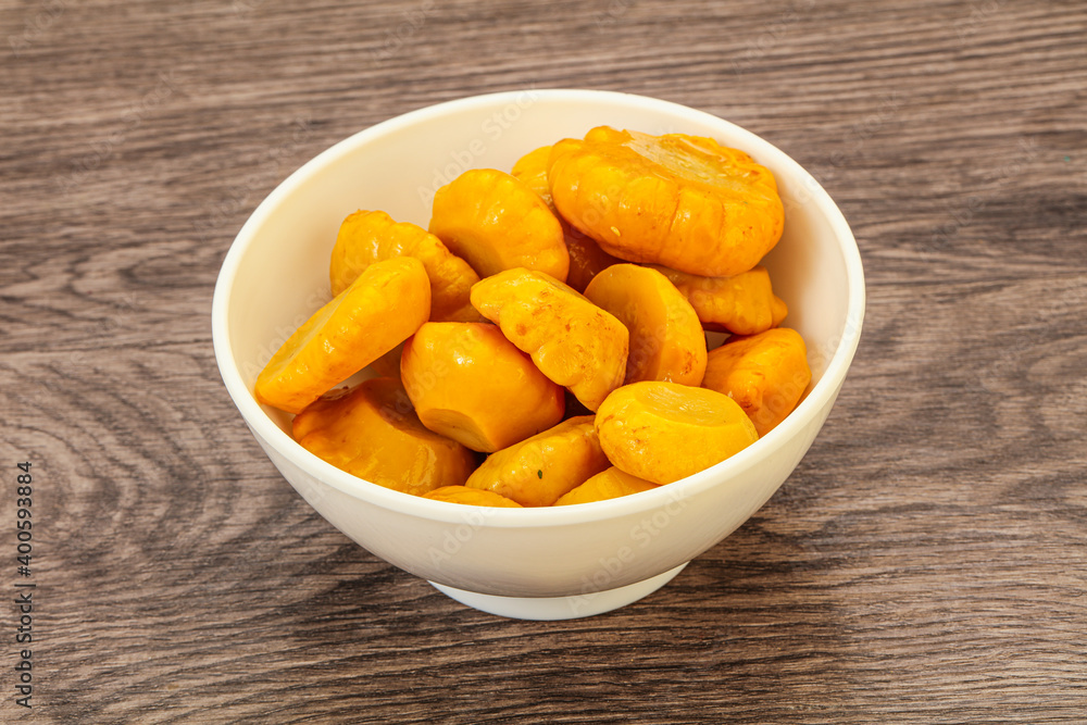 Marinated yellow patisson in the bowl Marinated yellow patisson in the bowl