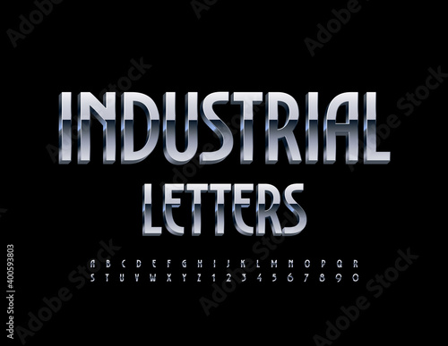 Vector Industrial style Silver Alphabet Letters and Numbers set. Elegant metallic Font