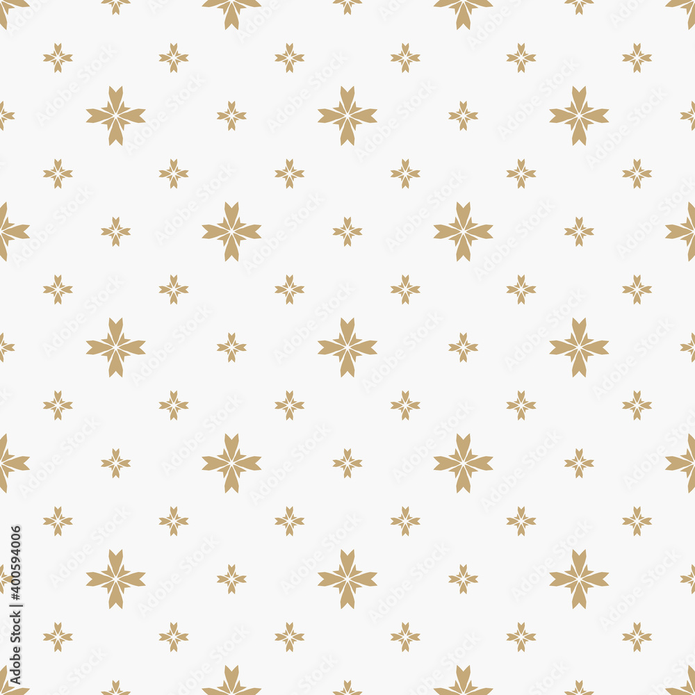 Subtle golden vector seamless pattern with small flower shapes, stars, crosses. Simple floral geometric background. Abstract minimal white and gold texture. Luxury repeat design for decor, wallpapers Subtle golden vector seamless pattern with small flower shapes, stars, crosses. Simple floral geometric background. Abstract minimal white and gold texture. Luxury repeat design for decor, wallpapers