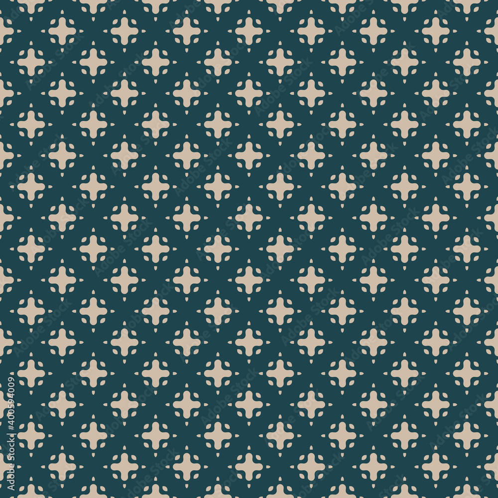 Simple vector monochrome seamless pattern with tiny curved shapes, small crosses, mesh. Abstract geometric background in teal and beige color. Vintage texture. Repeat design for decor, print, textile