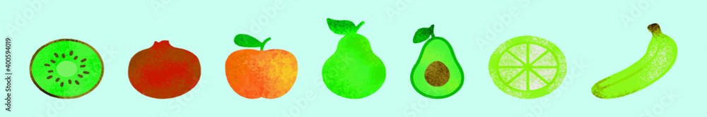 set of fruit cartoon icon design template with various models. vector illustration isolated on blue background set of fruit cartoon icon design template with various models. vector illustration isolated on blue background